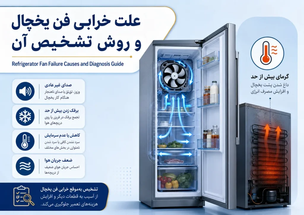 کاور مقاله علت خرابی فن یخچال و روش تشخیص آن با نمایش یخچال، فن داخلی، جریان هوای سرد، صدای غیرعادی، برفک و مشکل خنک نکردن یخچال